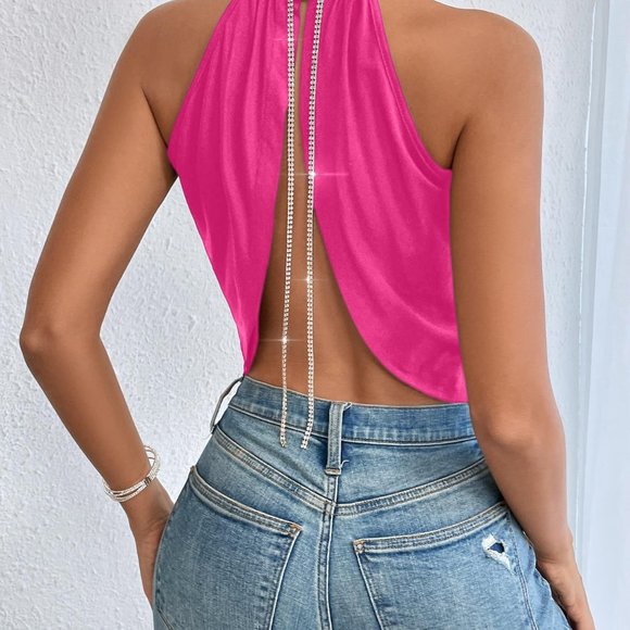 Crossover Rhinestone Chain Detail Backless Halter Top - Picture 2 of 6